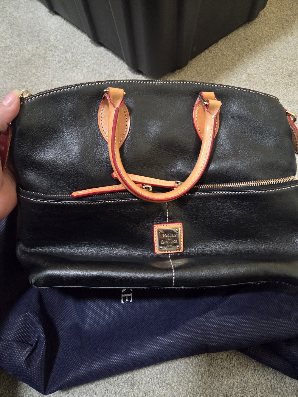 Dooney & Bourke Black Leather Satchel with Tan/Orange Trim
